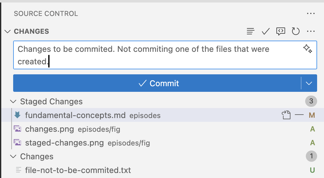 Source control tab showing changes in the staging area.